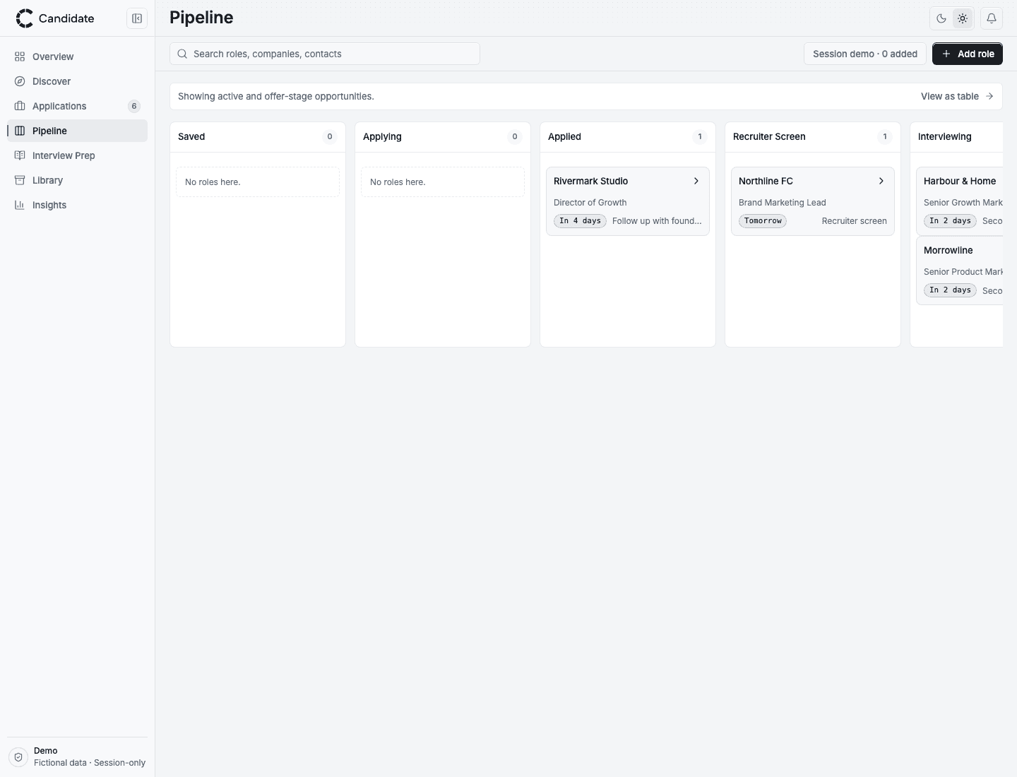 Application Tracker public demo pipeline board showing active opportunities by stage.